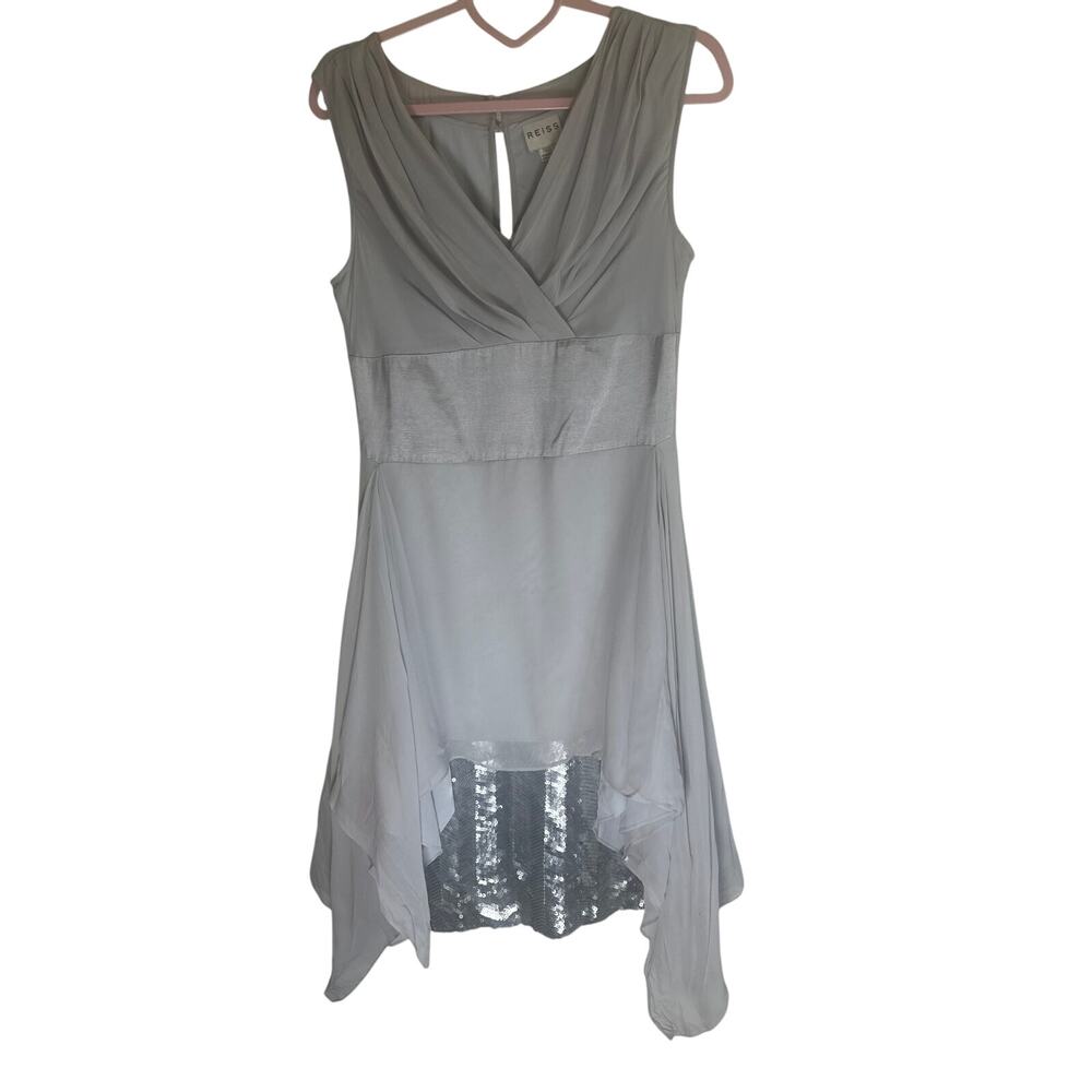 NWT Reiss Penrose Asymmetric Hem Dress Women's UK 12/US 8 Silver Elegant Gown